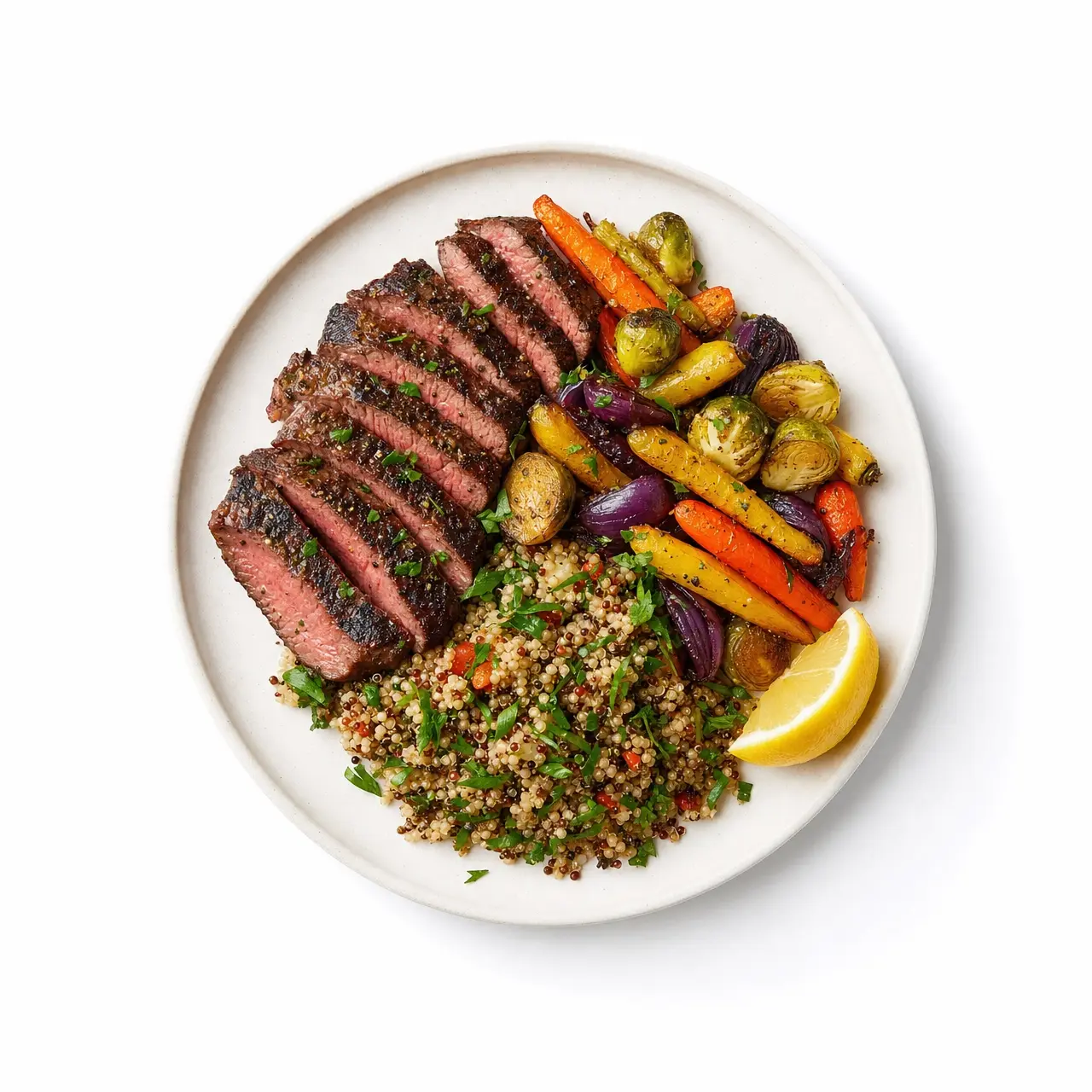 A plated Elite Meal Provisions meal of grass-fed steak, roasted vegetables and grains