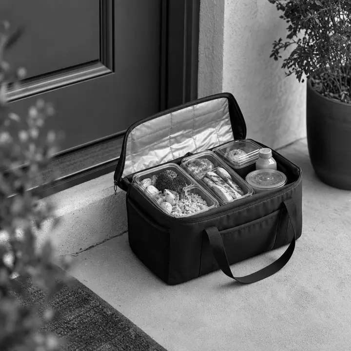 Insulated delivery tote on a doorstep