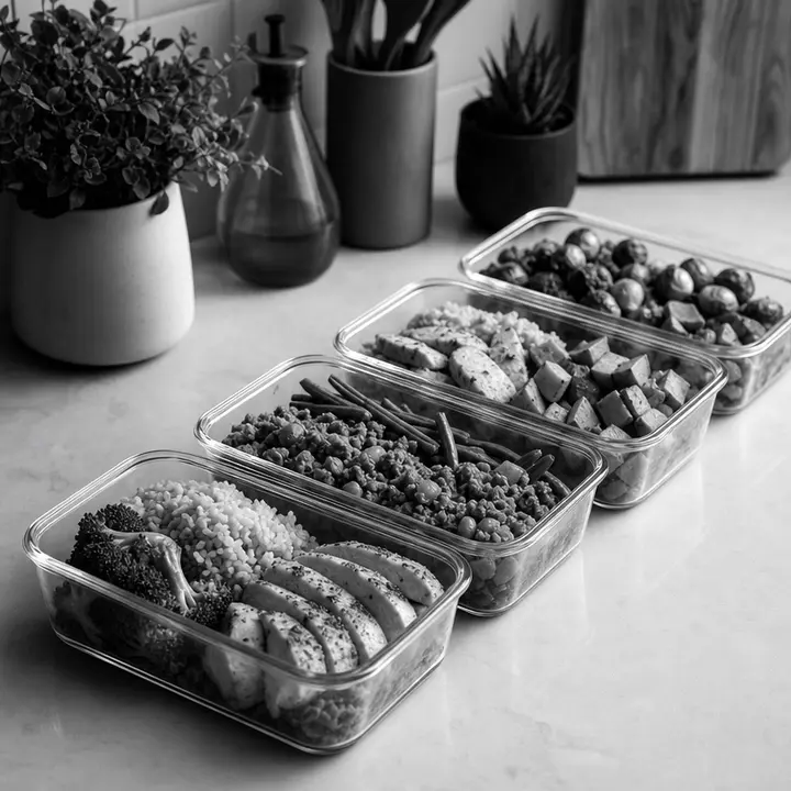 Glass meal-prep containers filled with prepared food